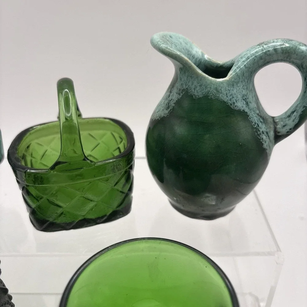 Vtg~Lot of 5~Green Glass Small Toothpick Holders/Decorative Baskets